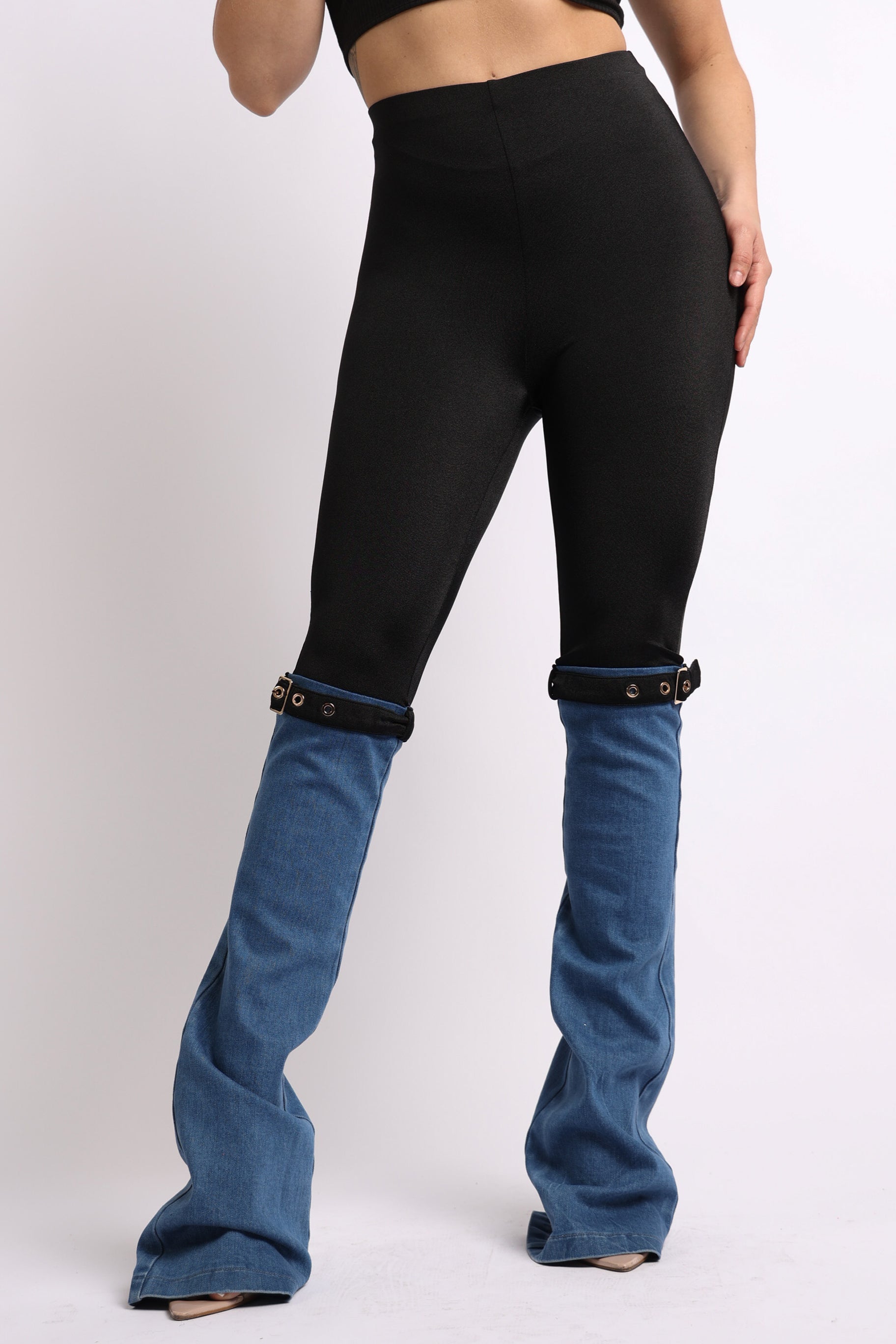 Buckle Detailed Denim Contrast Pants