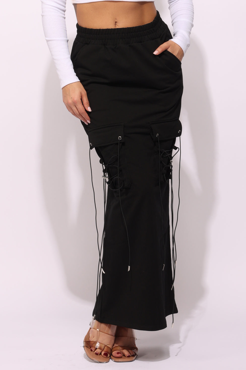 Lace up detailed pocket maxi skirt