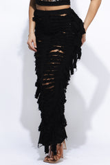 Cutout detailed distressed denim fringe maxi skirt