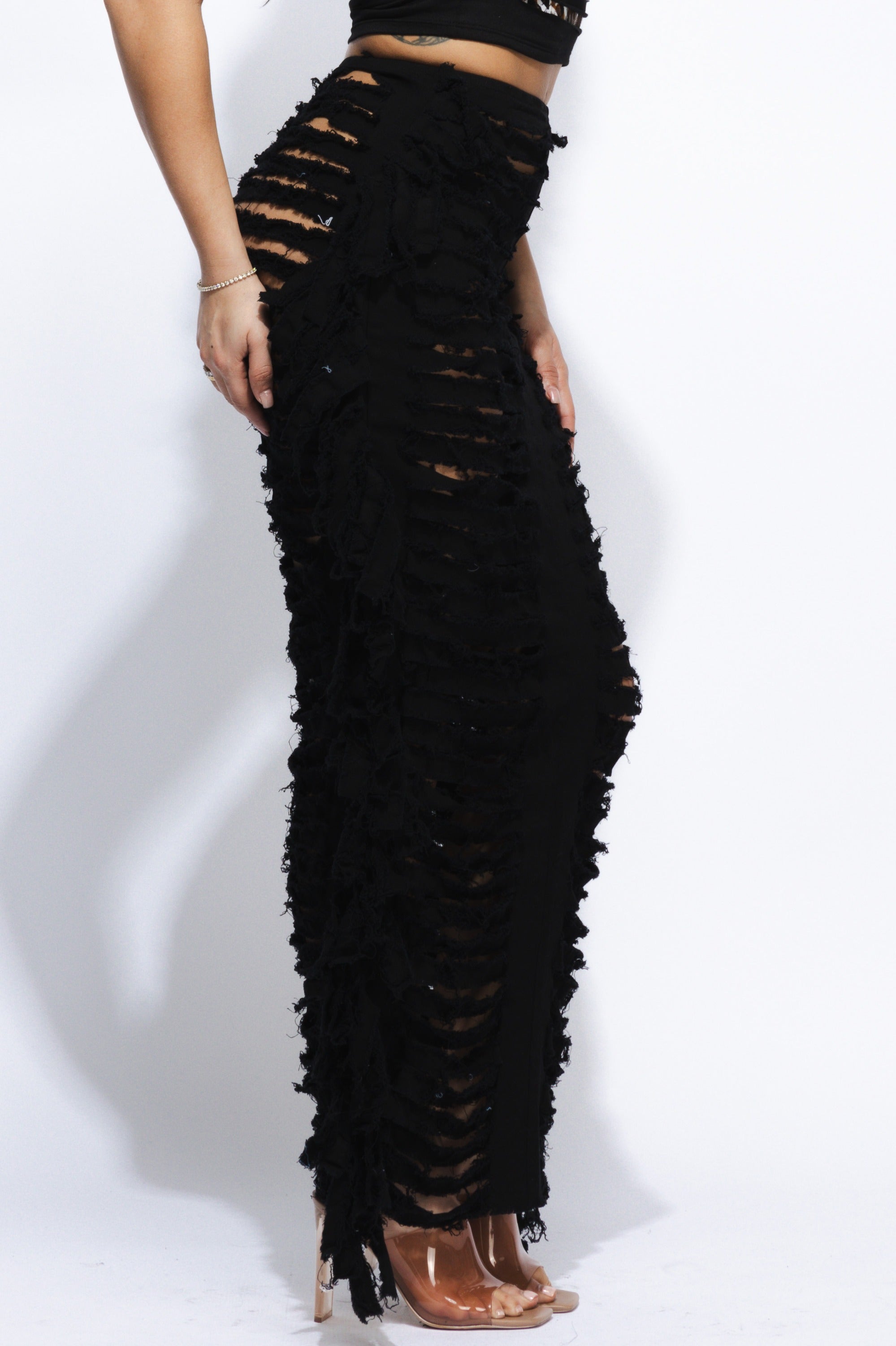 Cutout detailed distressed denim fringe maxi skirt