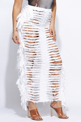 Cutout detailed distressed denim fringe maxi skirt