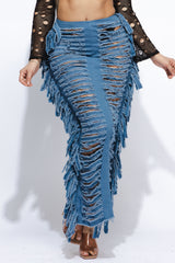 Cutout detailed distressed denim fringe maxi skirt