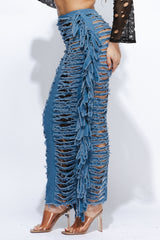 Cutout detailed distressed denim fringe maxi skirt