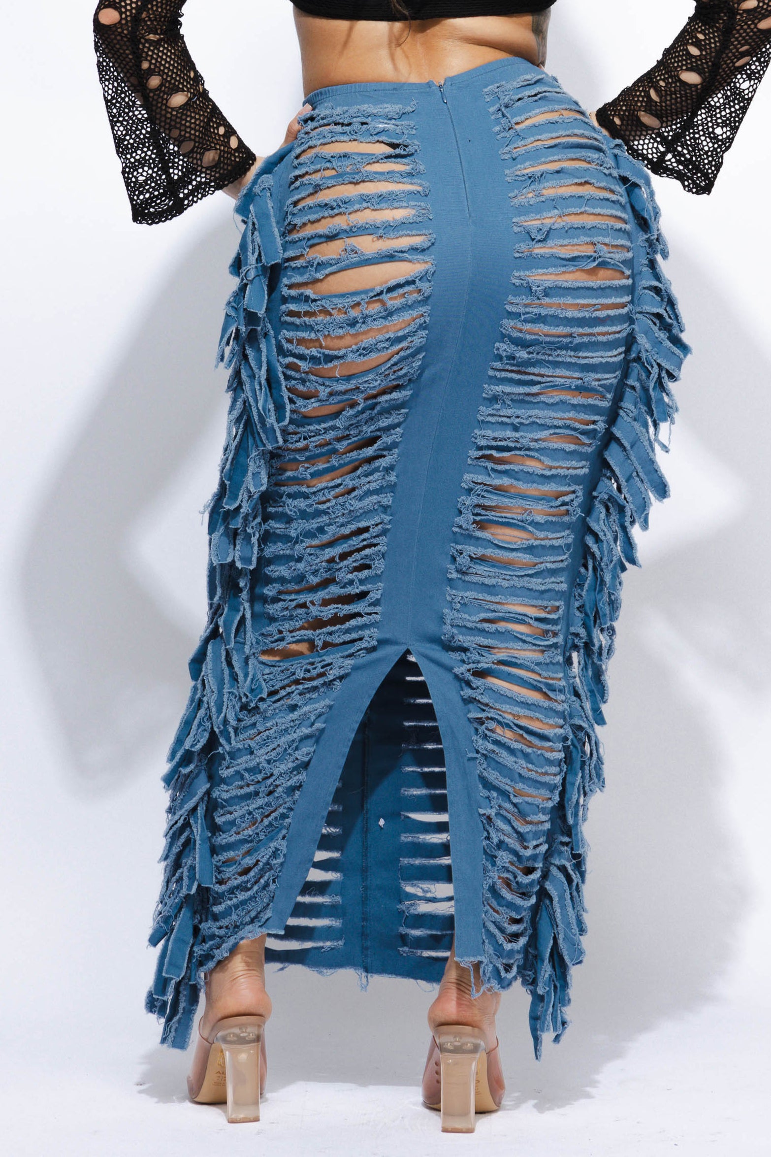 Cutout detailed distressed denim fringe maxi skirt