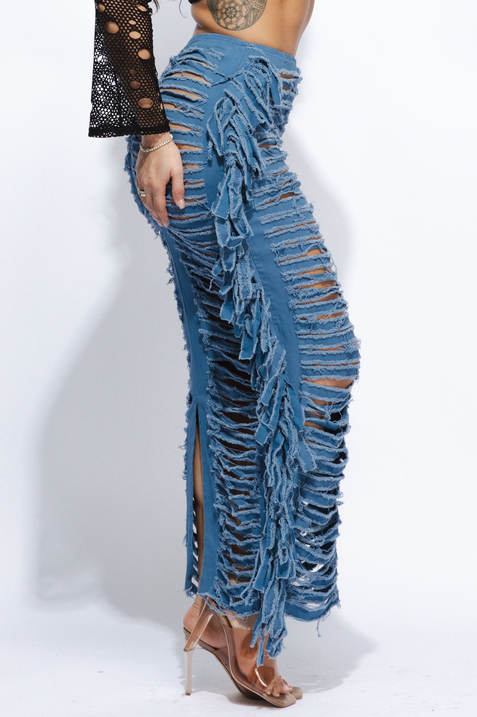 Cutout detailed distressed denim fringe maxi skirt