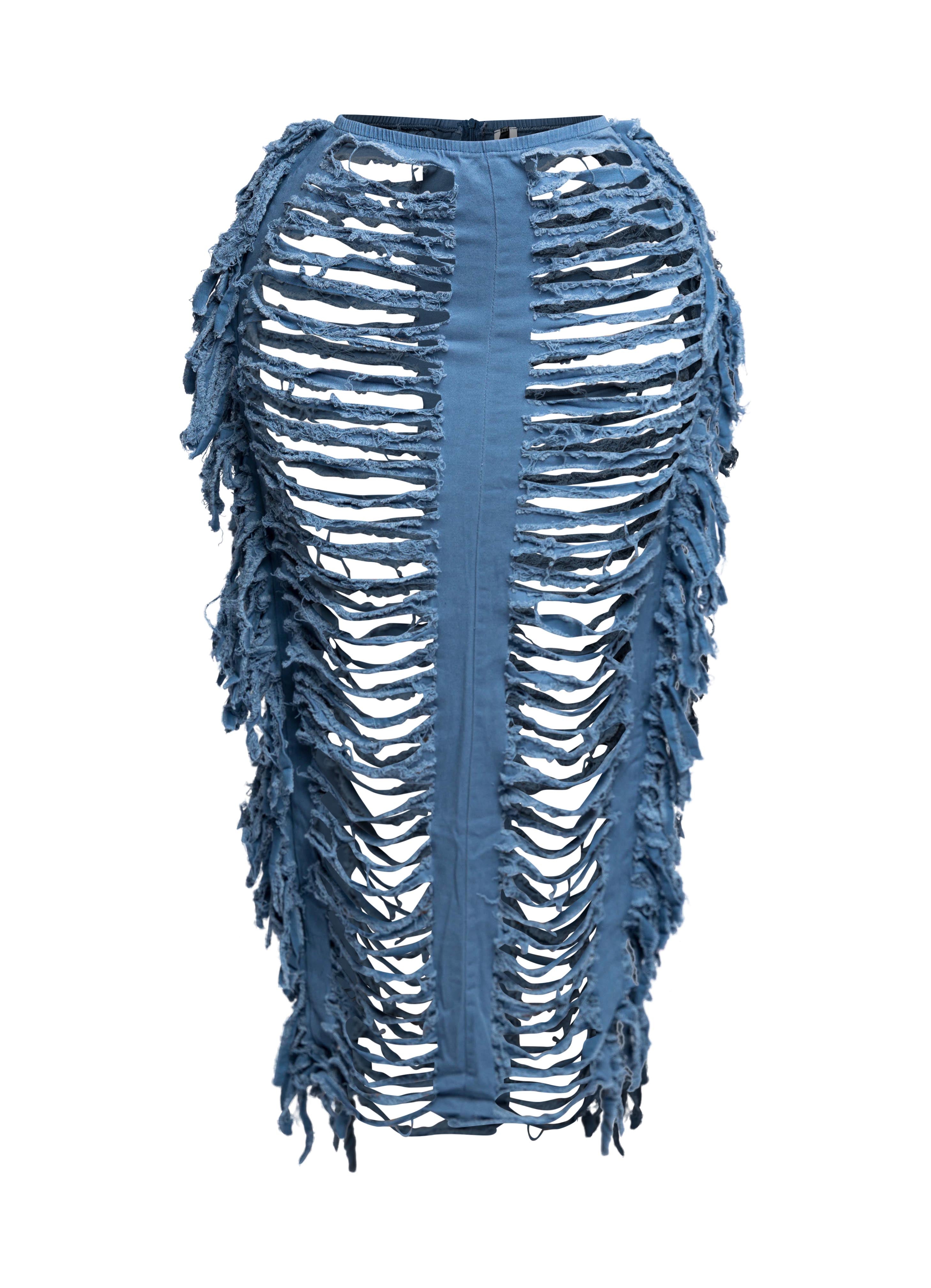 Cutout detailed distressed denim fringe maxi skirt