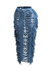 Cutout detailed distressed denim fringe maxi skirt