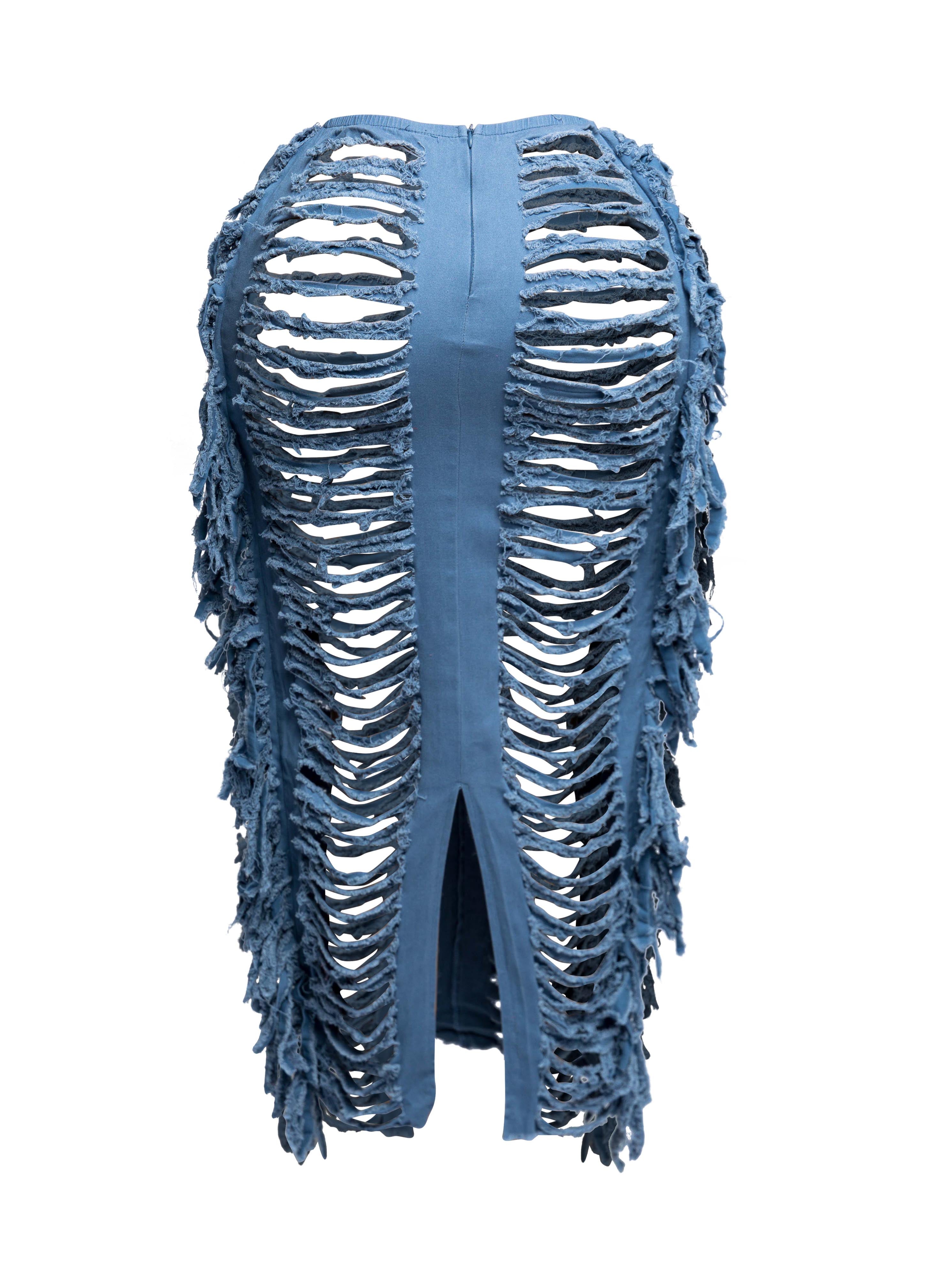 Cutout detailed distressed denim fringe maxi skirt