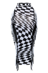 distorted illusion checkered maxi skirt with color blocked black and white double fringe