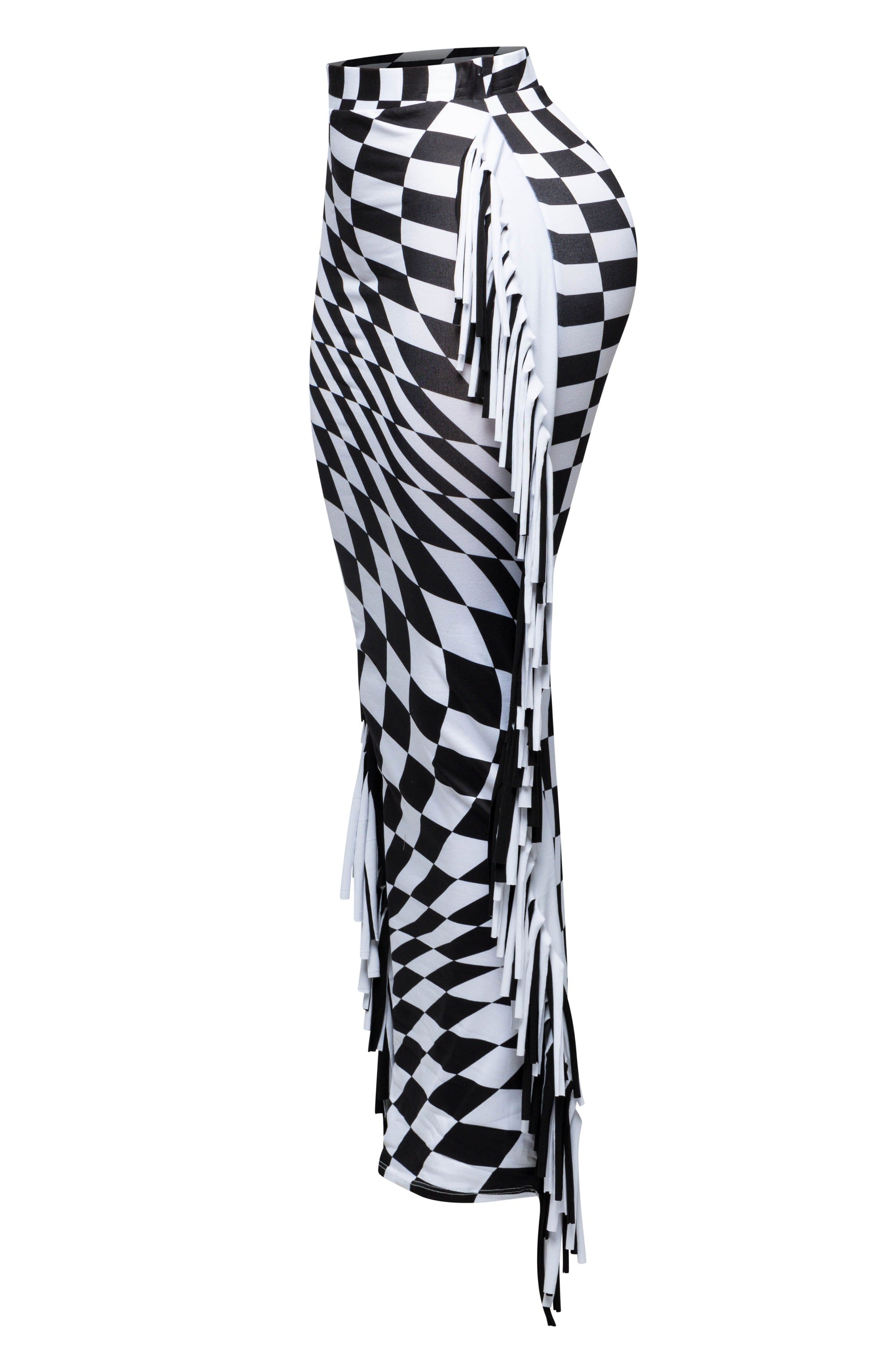 distorted illusion checkered maxi skirt with color blocked black and white double fringe