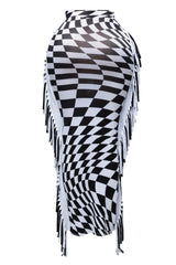 distorted illusion checkered maxi skirt with color blocked black and white double fringe