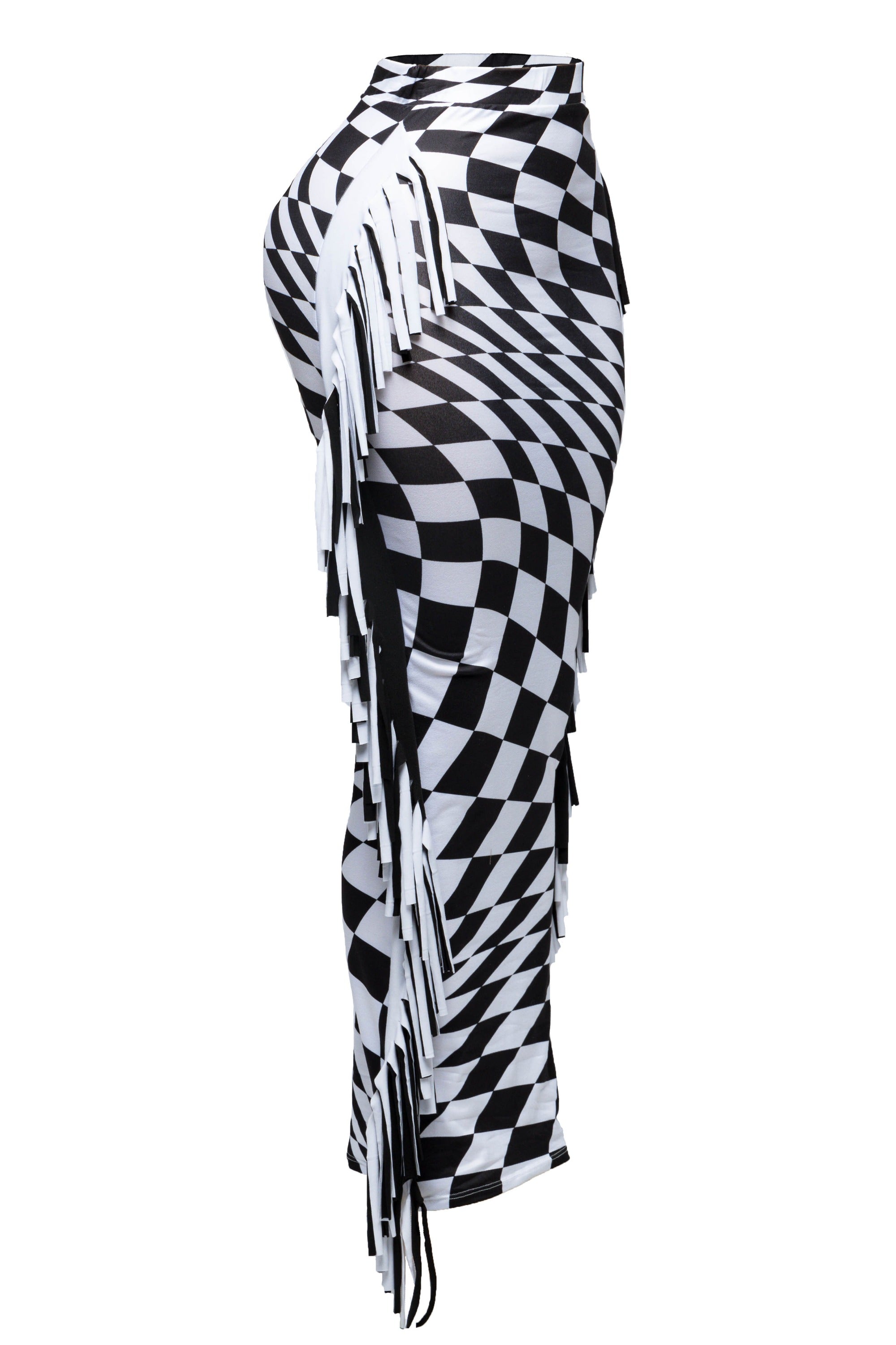 distorted illusion checkered maxi skirt with color blocked black and white double fringe