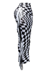 distorted illusion checkered maxi skirt with color blocked black and white double fringe