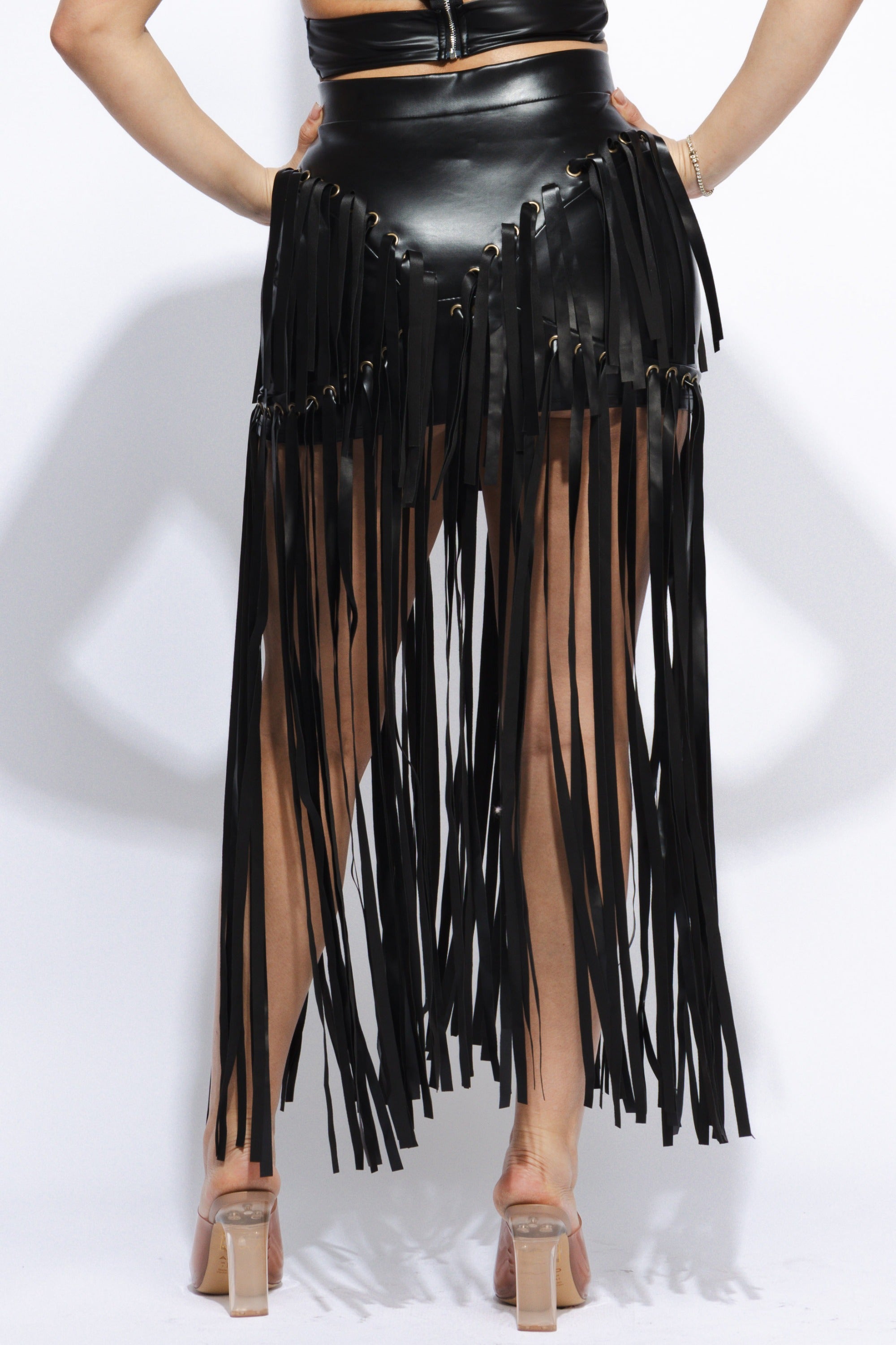 Faux leather fringed skirt