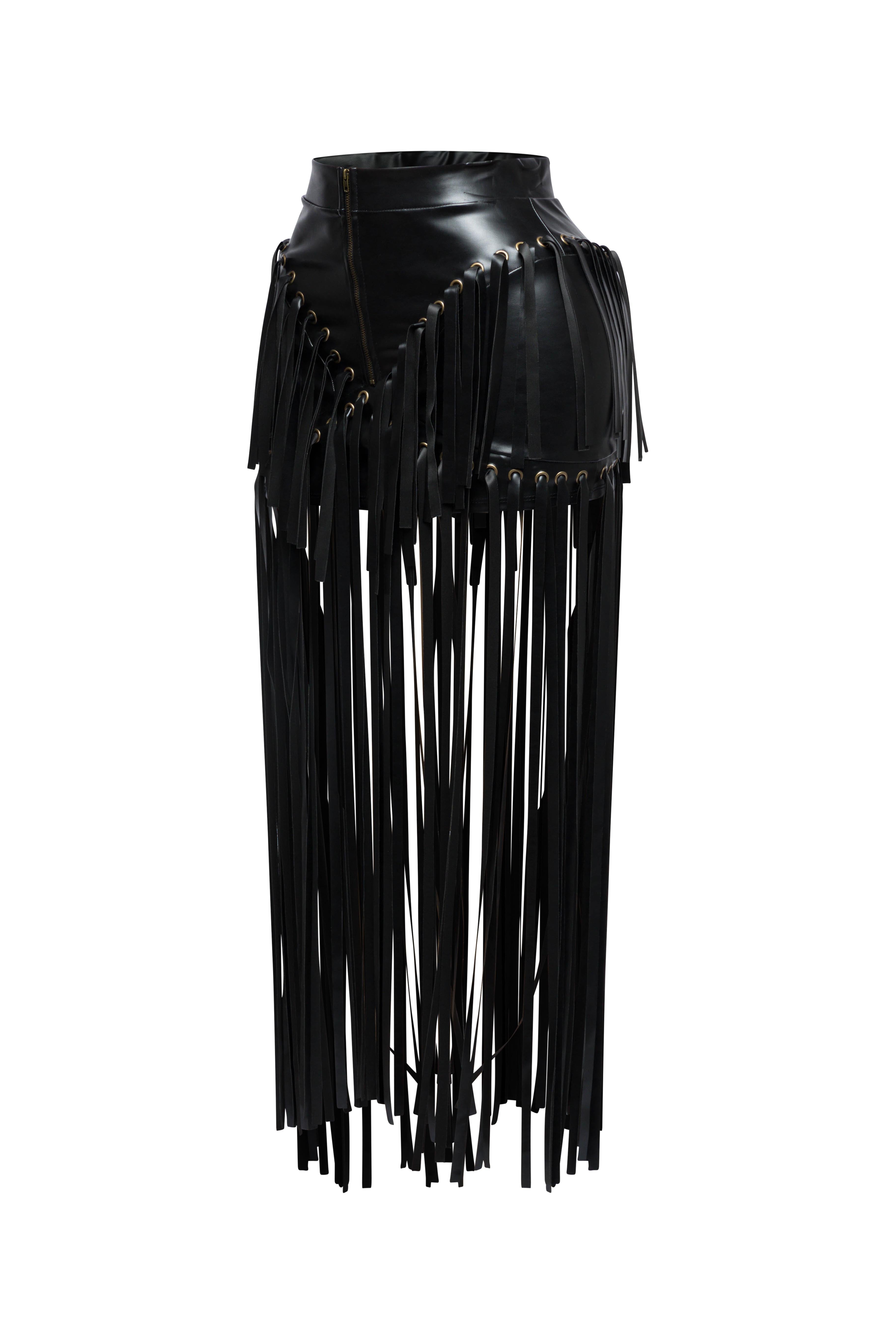 Faux leather fringed skirt