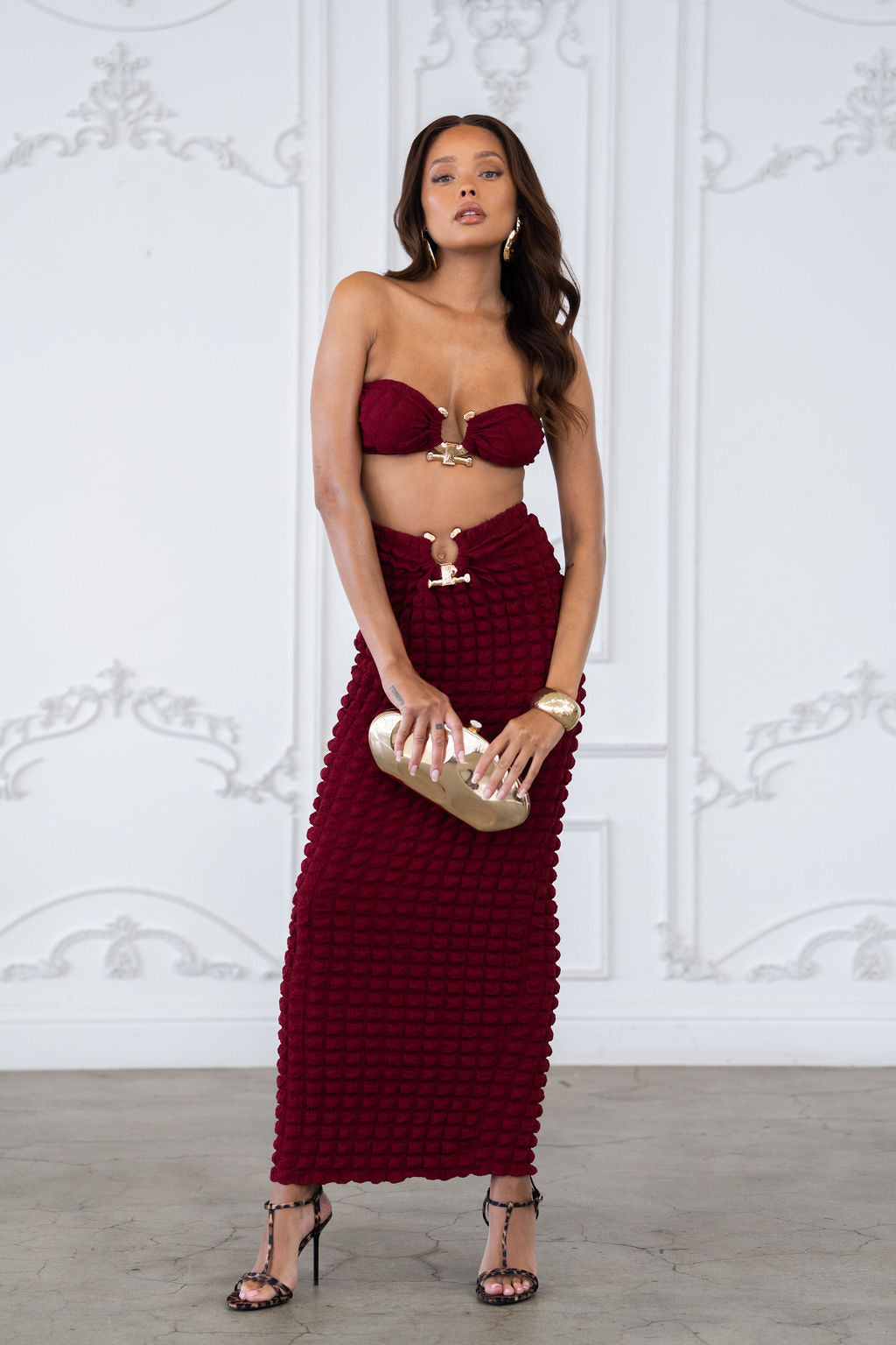 Popcorn fabric gold trimmed bandeau top & skirt set