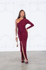 Flittered one shoulder ruched maxi dress with slit