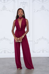 Mock neck cowl front wide leg jumpsuit