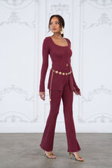 Rib fabric twisted front cut out detailed top & pants set