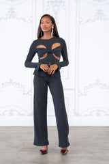 Rib fabric twisted front cut out detailed top & pants set