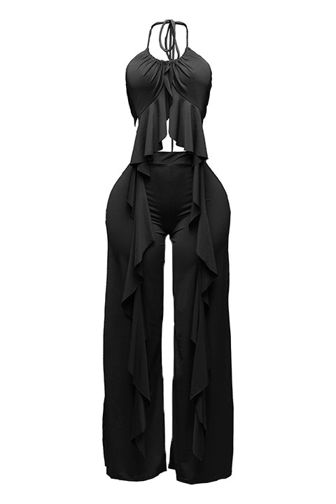 Ruffled open back tie halter top with wide leg elastic waistband pant set