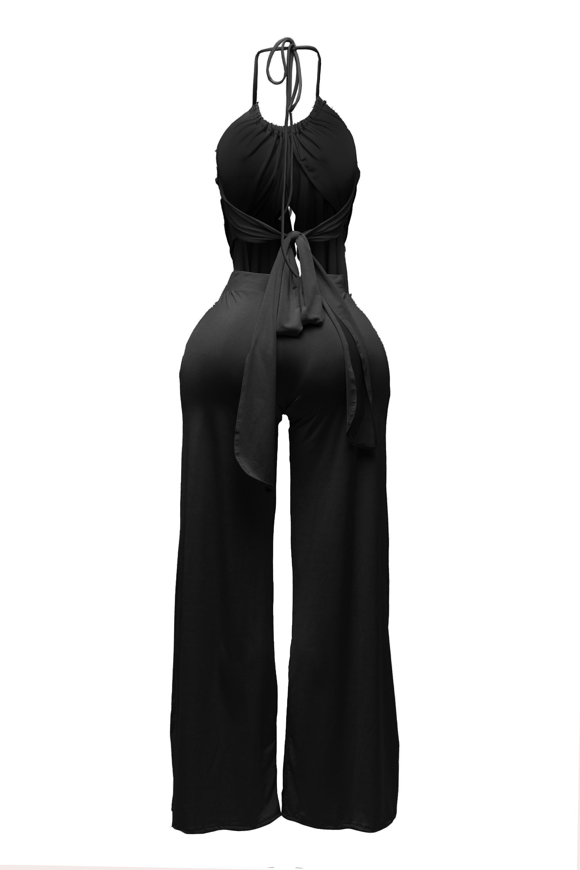 Ruffled open back tie halter top with wide leg elastic waistband pant set