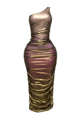 Ombre & gold mesh layered one shoulder maxi dress